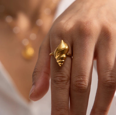 Stainless Steel Waterproof 18K Gold Plated Spiral Shell Adjustable Ring. - YeYesJewelryDesign