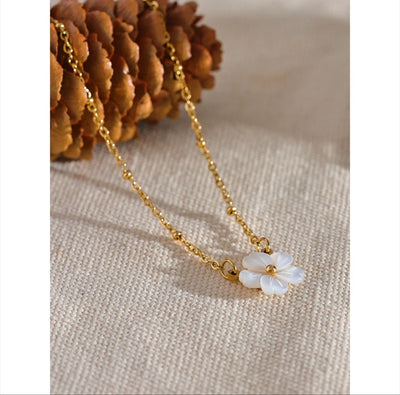 Stainless Steel Waterproof Natural Shell flower Earrings, Necklace, and Adjustable Ring Set. - YeYesJewelryDesign