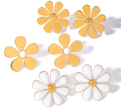 Daisy Gold Stud Earrings, Stainless Steel and Enamel Waterproof and Hypoallergenic Daisy PVD 18k Gold Plates Stud Earrings. - YeYesJewelryDesign