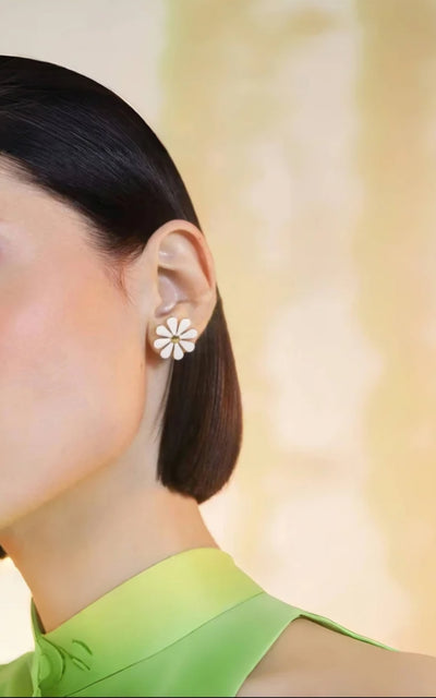 Stainless Steel and Enamel Waterproof and Hypoallergenic Daisy PVD 18k Gold Plates Stud Earrings. - YeYesJewelryDesign
