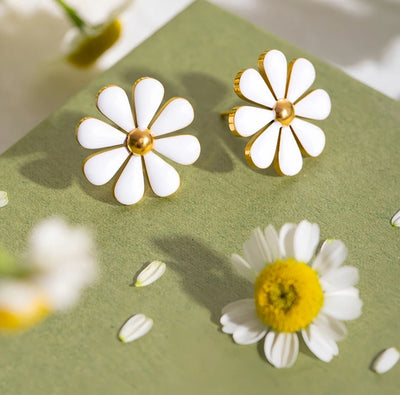 Stainless Steel and Enamel Waterproof and Hypoallergenic Daisy PVD 18k Gold Plates Stud Earrings. - YeYesJewelryDesign