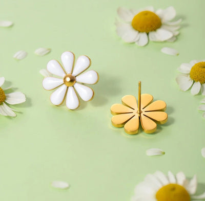 Stainless Steel and Enamel Waterproof and Hypoallergenic Daisy PVD 18k Gold Plates Stud Earrings. - YeYesJewelryDesign