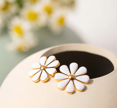 Stainless Steel and Enamel Waterproof and Hypoallergenic Daisy PVD 18k Gold Plates Stud Earrings. - YeYesJewelryDesign