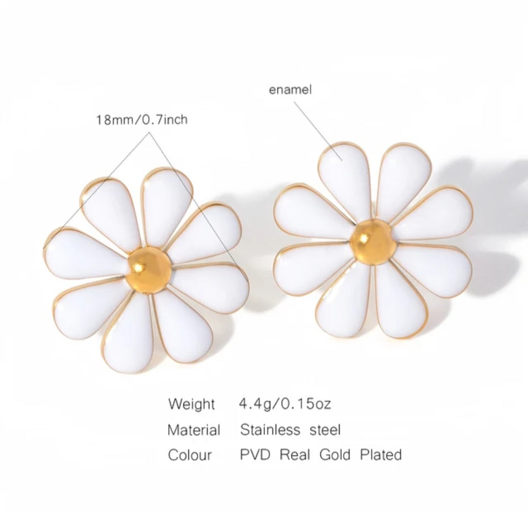 Daisy Gold Stud Earrings, Stainless Steel and Enamel Waterproof and Hypoallergenic Daisy PVD 18k Gold Plates Stud Earrings. - YeYesJewelryDesign