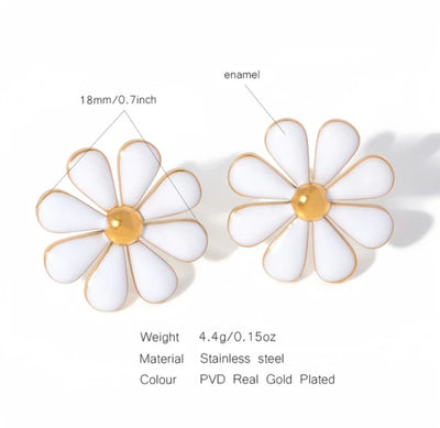 Daisy Gold Stud Earrings, Stainless Steel and Enamel Waterproof and Hypoallergenic Daisy PVD 18k Gold Plates Stud Earrings. - YeYesJewelryDesign