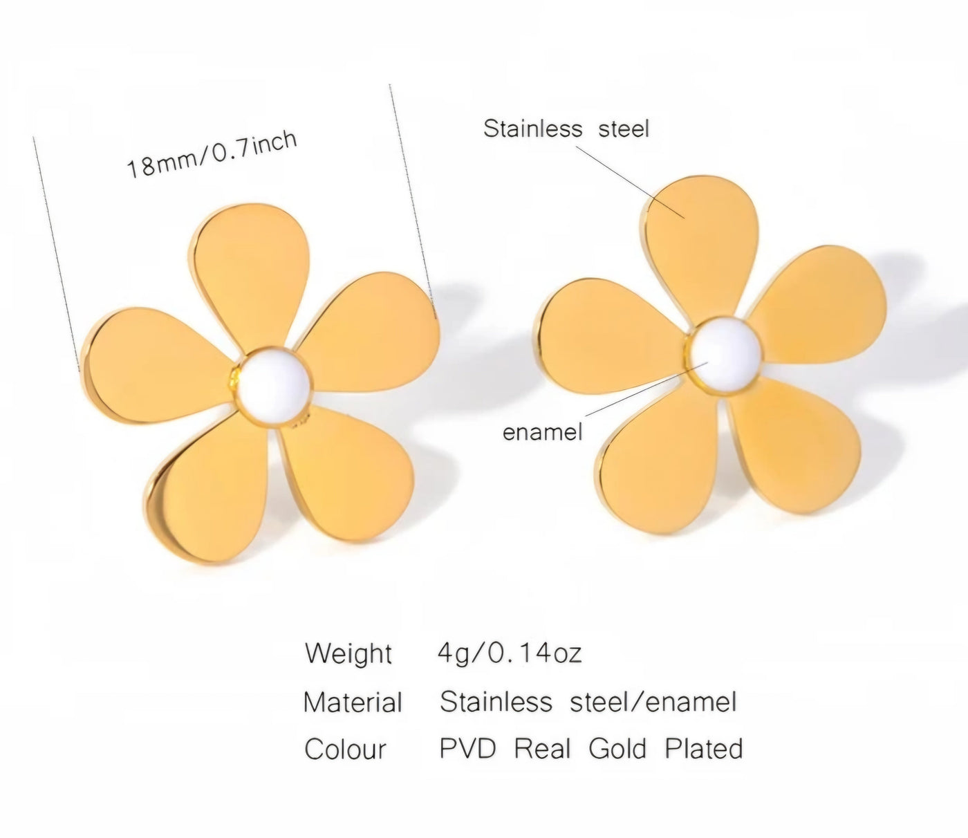 Stainless Steel and Enamel Waterproof and Hypoallergenic Daisy PVD 18k Gold Plates Stud Earrings. - YeYesJewelryDesign