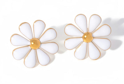 Daisy Gold Stud Earrings, Stainless Steel and Enamel Waterproof and Hypoallergenic Daisy PVD 18k Gold Plates Stud Earrings. - YeYesJewelryDesign