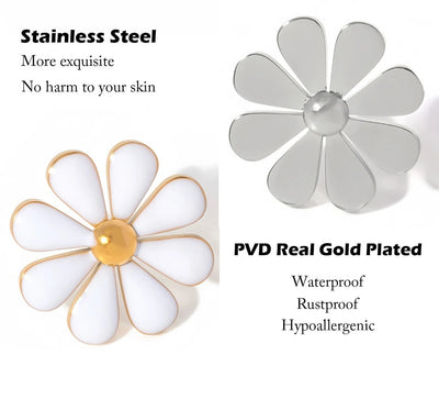 Daisy Gold Stud Earrings, Stainless Steel and Enamel Waterproof and Hypoallergenic Daisy PVD 18k Gold Plates Stud Earrings. - YeYesJewelryDesign