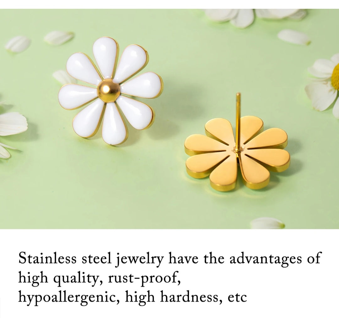 Daisy Gold Stud Earrings, Stainless Steel and Enamel Waterproof and Hypoallergenic Daisy PVD 18k Gold Plates Stud Earrings. - YeYesJewelryDesign