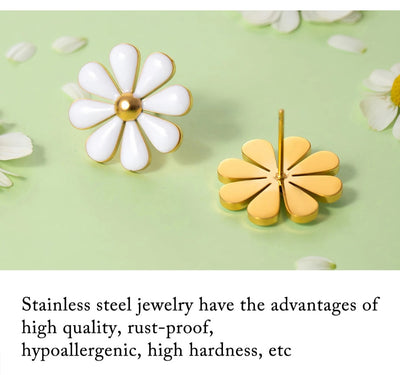Daisy Gold Stud Earrings, Stainless Steel and Enamel Waterproof and Hypoallergenic Daisy PVD 18k Gold Plates Stud Earrings. - YeYesJewelryDesign