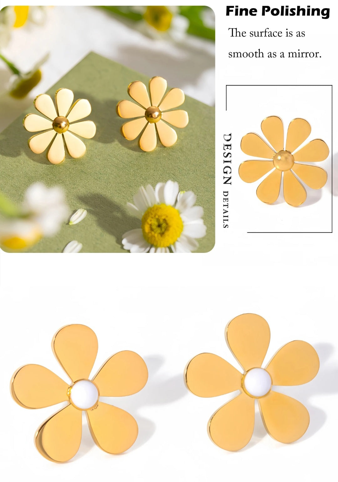 Daisy Gold Stud Earrings, Stainless Steel and Enamel Waterproof and Hypoallergenic Daisy PVD 18k Gold Plates Stud Earrings. - YeYesJewelryDesign