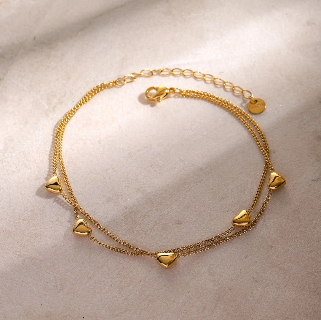 Chic Gold Stainless Steel Waterproof Hypoallergenic Heart Double Layer PVD 18k Gold Plated Ankle Bracelet . - YeYesJewelryDesign