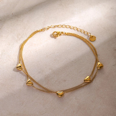 Chic Gold Stainless Steel Waterproof Hypoallergenic Heart Double Layer PVD 18k Gold Plated Ankle Bracelet . - YeYesJewelryDesign