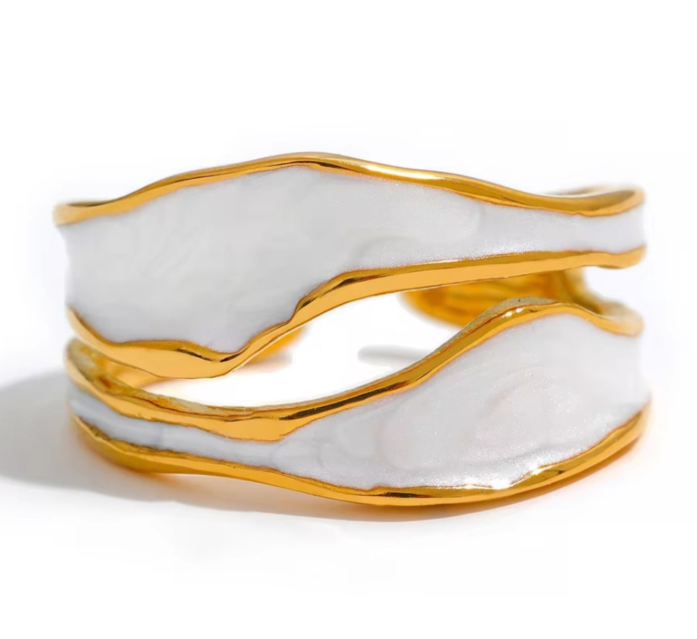 Stainless Steel Waterproof PVD Plated White Enamel Irregular Open Ring. - YeYesJewelryDesign