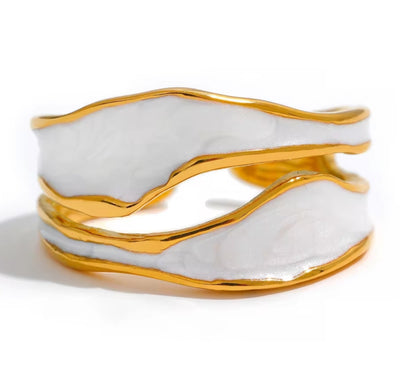 Stainless Steel Waterproof PVD Plated White Enamel Irregular Open Ring. - YeYesJewelryDesign