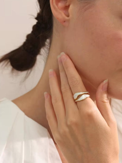 Stainless Steel Waterproof PVD Plated White Enamel Irregular Open Ring. - YeYesJewelryDesign
