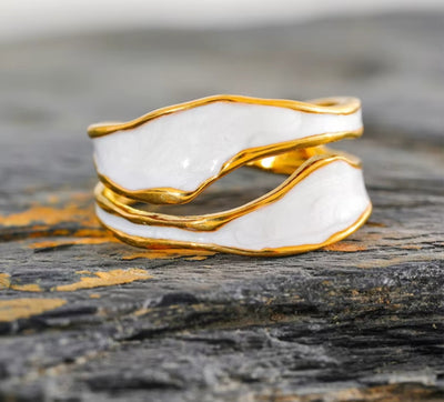 Stainless Steel Waterproof PVD Plated White Enamel Irregular Open Ring. - YeYesJewelryDesign