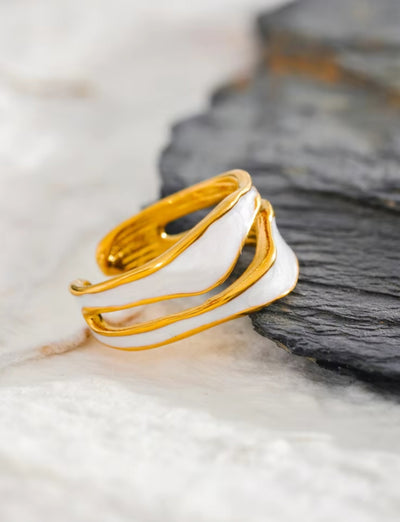 Stainless Steel Waterproof PVD Plated White Enamel Irregular Open Ring. - YeYesJewelryDesign