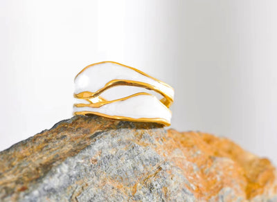 Stainless Steel Waterproof PVD Plated White Enamel Irregular Open Ring. - YeYesJewelryDesign