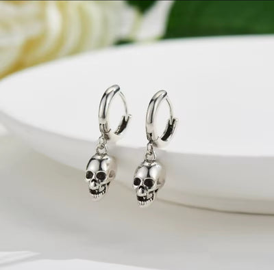 925 Sterling Silver Skull Head Drop Hoop Earrings for Men and Women. - YeYesJewelryDesign
