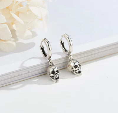 925 Sterling Silver Skull Head Drop Hoop Earrings for Men and Women. - YeYesJewelryDesign