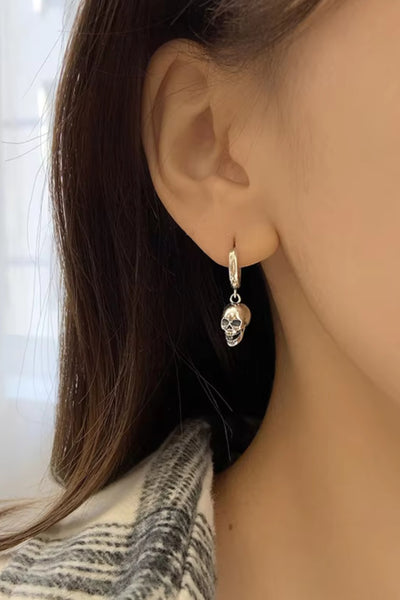 925 Sterling Silver Skull Head Drop Hoop Earrings for Men and Women. - YeYesJewelryDesign