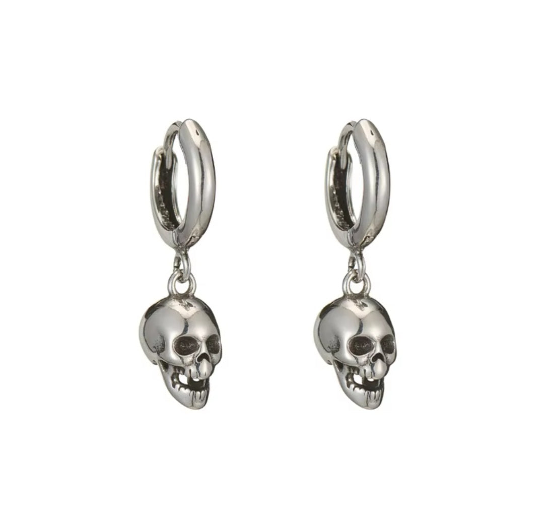 925 Sterling Silver Skull Head Drop Hoop Earrings for Men and Women. - YeYesJewelryDesign