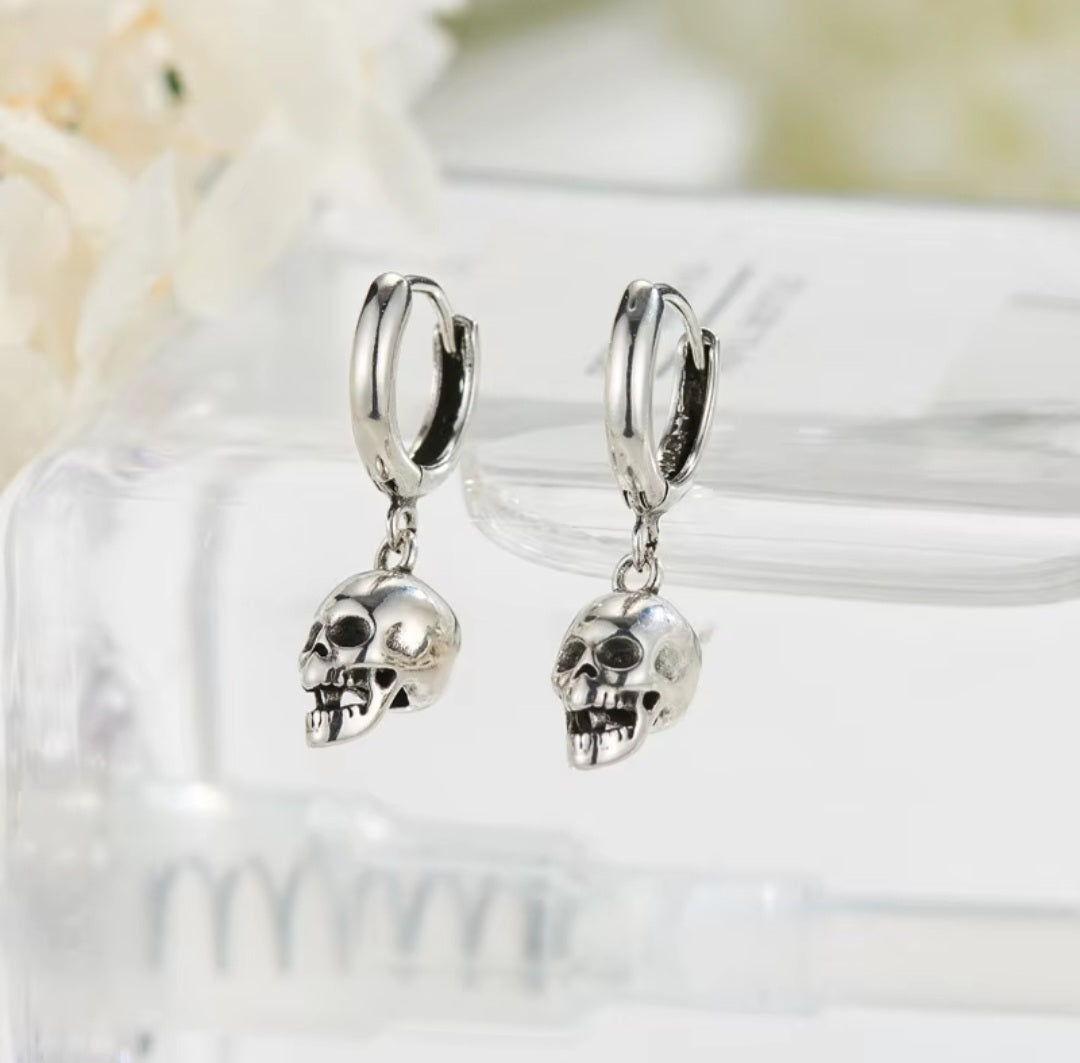 925 Sterling Silver Skull Head Drop Hoop Earrings for Men and Women. - YeYesJewelryDesign