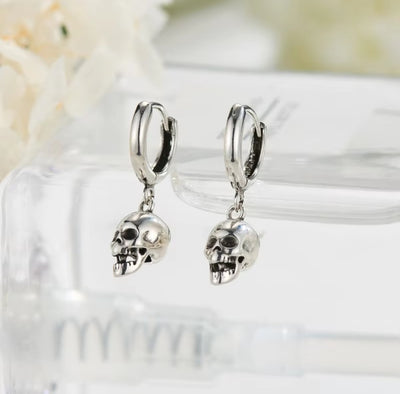 925 Sterling Silver Skull Head Drop Hoop Earrings for Men and Women. - YeYesJewelryDesign
