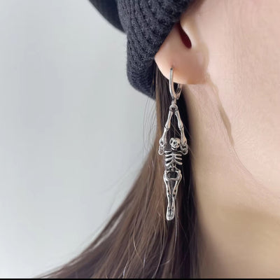 925 Sterling Silver Skeleton Skull Long Hoop Earrings. - YeYesJewelryDesign