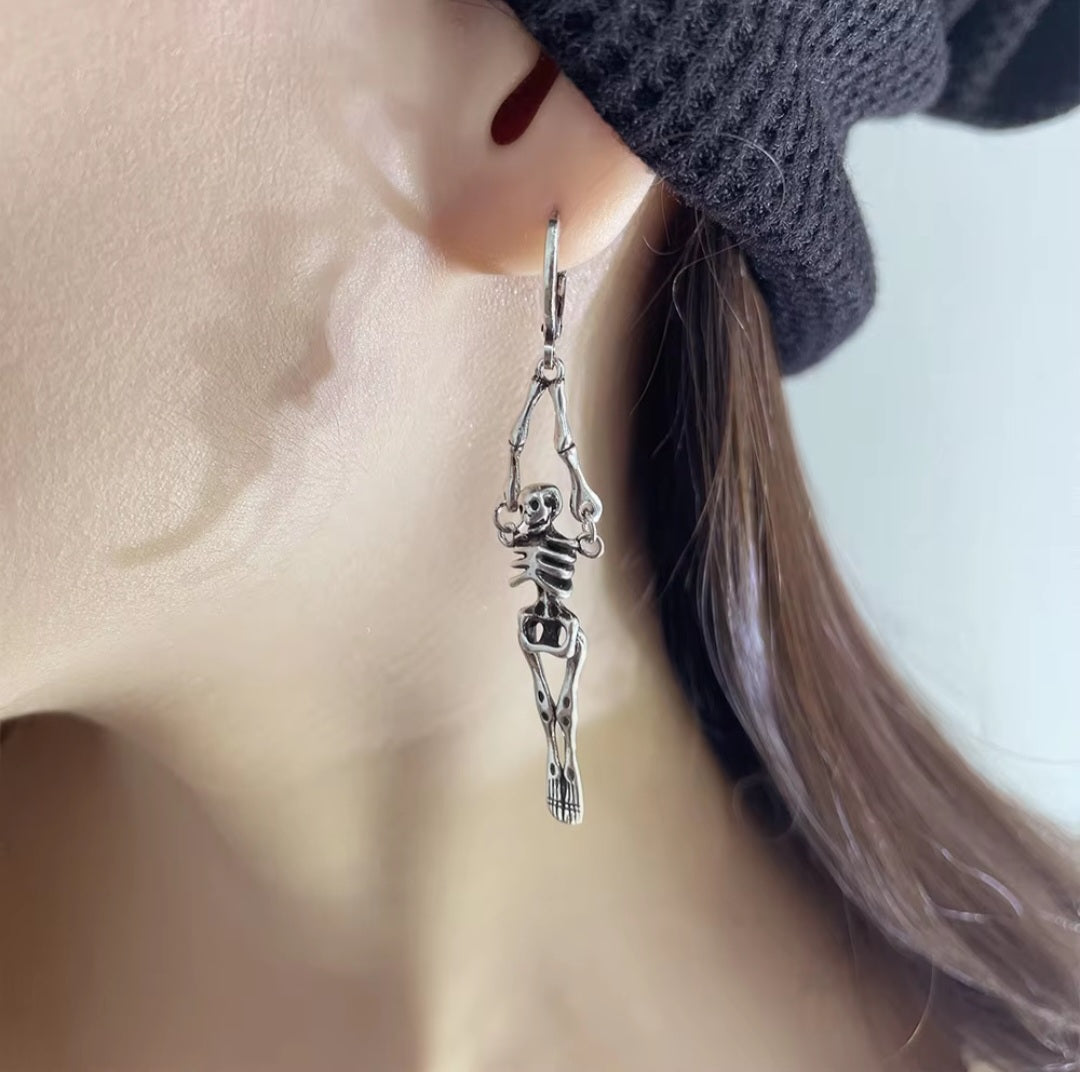 925 Sterling Silver Skeleton Skull Long Hoop Earrings. - YeYesJewelryDesign