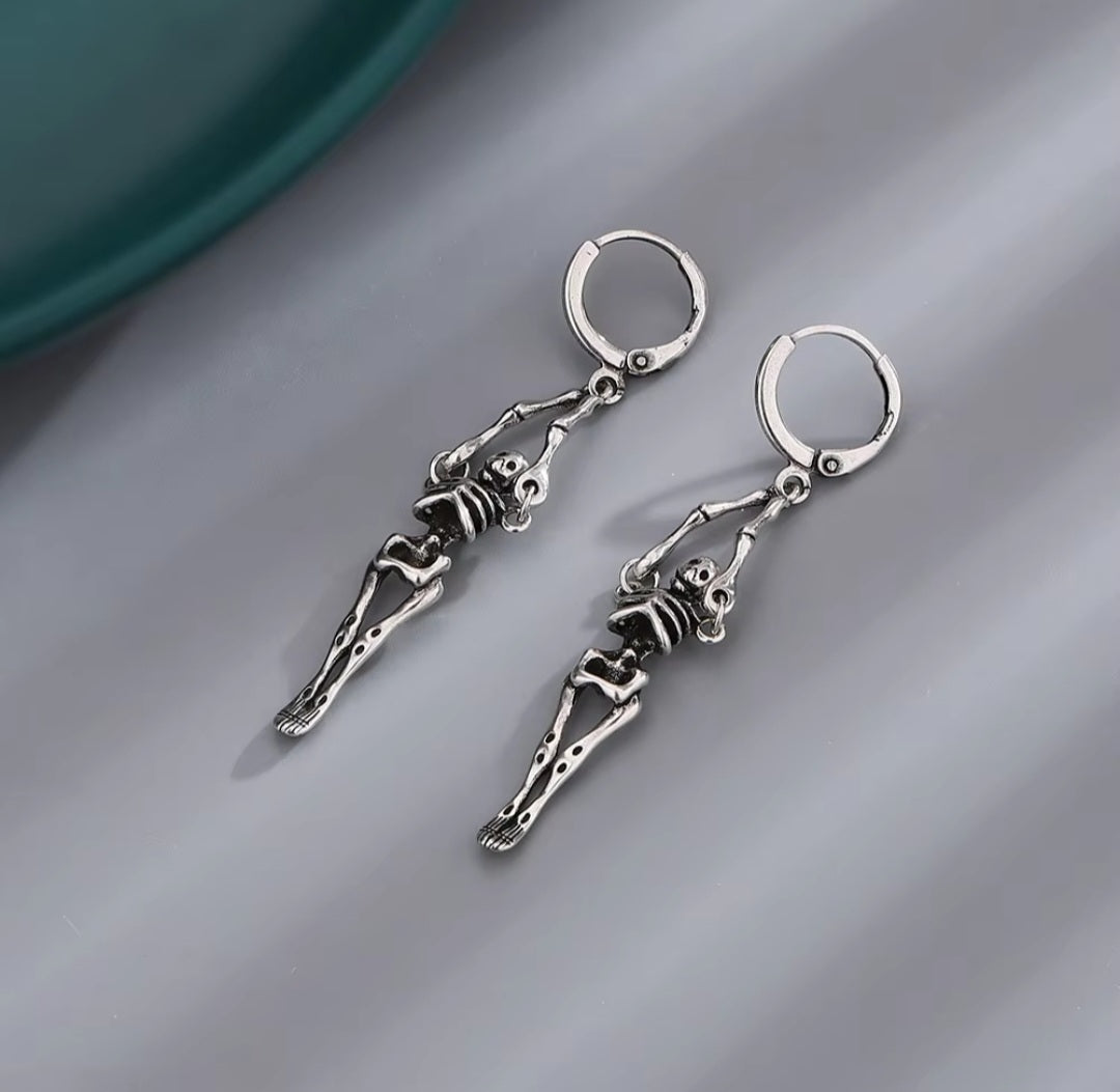925 Sterling Silver Skeleton Skull Long Hoop Earrings. - YeYesJewelryDesign