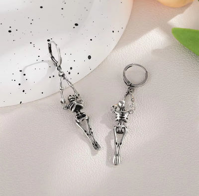 925 Sterling Silver Skeleton Skull Long Hoop Earrings. - YeYesJewelryDesign