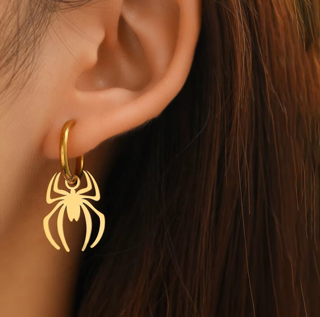 Halloween Stainless Steel Waterproof Gothic Spider Pendant Hoop Earrings. - YeYesJewelryDesign