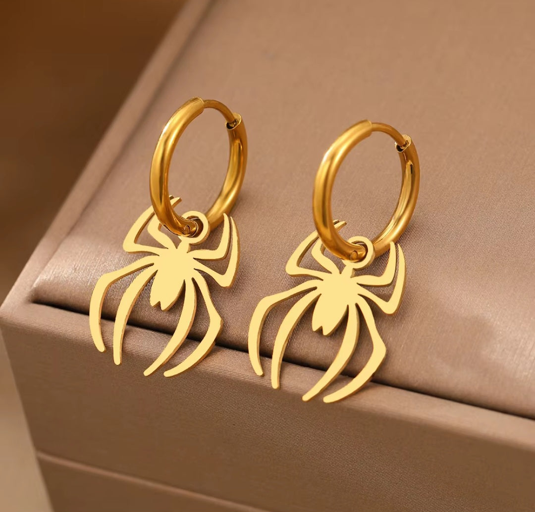 Halloween Stainless Steel Waterproof Gothic Spider Pendant Hoop Earrings. - YeYesJewelryDesign