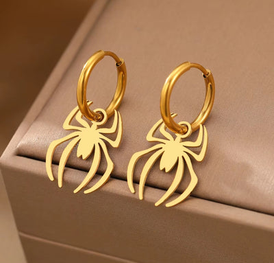 Halloween Stainless Steel Waterproof Gothic Spider Pendant Hoop Earrings. - YeYesJewelryDesign