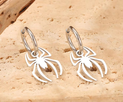 Halloween Stainless Steel Waterproof Gothic Spider Pendant Hoop Earrings. - YeYesJewelryDesign