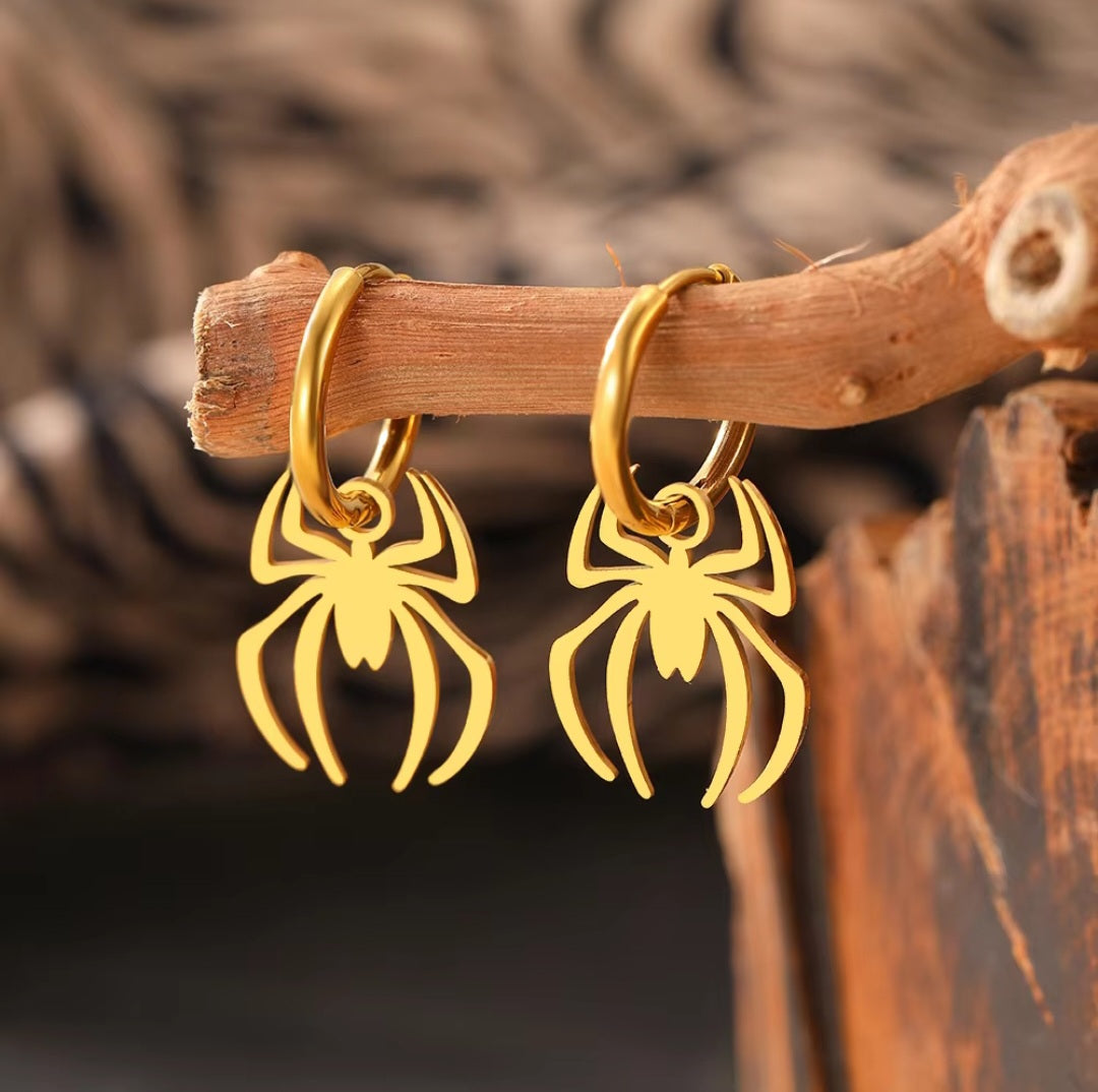 Halloween Stainless Steel Waterproof Gothic Spider Pendant Hoop Earrings. - YeYesJewelryDesign