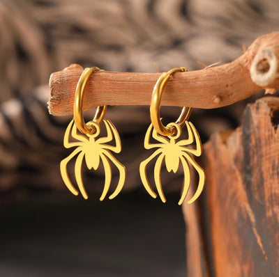 Halloween Stainless Steel Waterproof Gothic Spider Pendant Hoop Earrings. - YeYesJewelryDesign