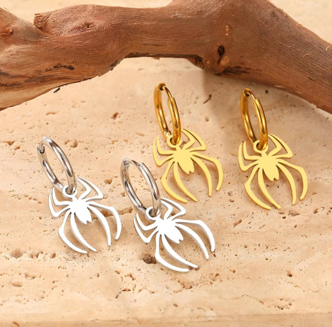 Halloween Stainless Steel Waterproof Gothic Spider Pendant Hoop Earrings. - YeYesJewelryDesign
