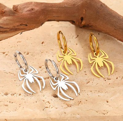 Halloween Stainless Steel Waterproof Gothic Spider Pendant Hoop Earrings. - YeYesJewelryDesign