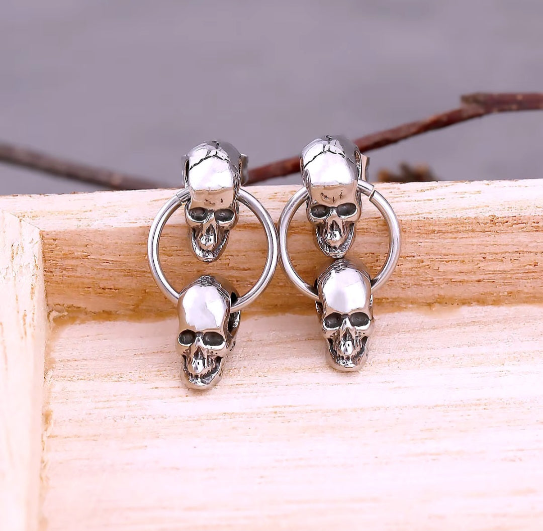 Gothic Double Skull Head Drop Stainless Steel Waterproof Earrings for Men and Women. - YeYesJewelryDesign
