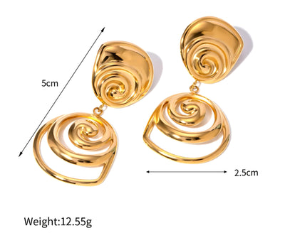Waterproof Stainless Steel PVD 18K Gold Plated Round Rotate Threaded Pendant Stylish Earrings. - YeYesJewelryDesign