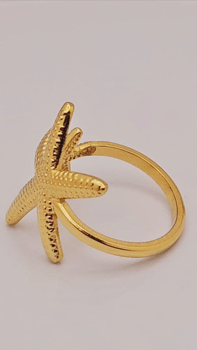 Stainless Steel waterproof Starfish Open-Adjustable Beachy Ring.