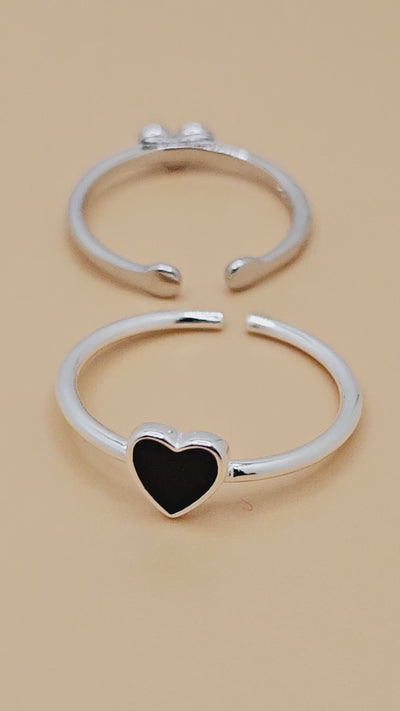 925 Sterling Silver Black and Silver color Adjustable Heart Ring.