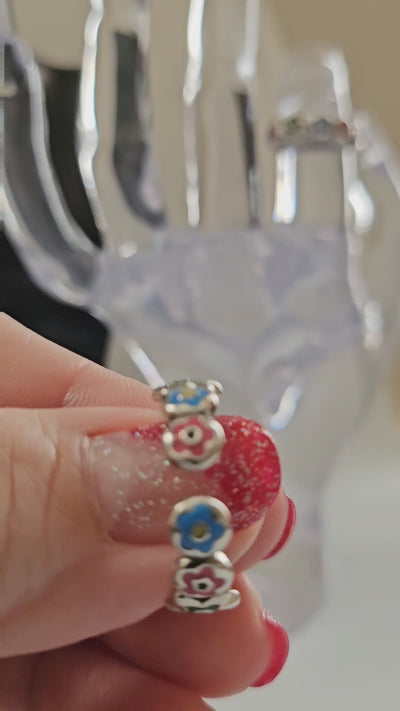 Colorful 925 Sterling Silver Flower adjustable Ring.