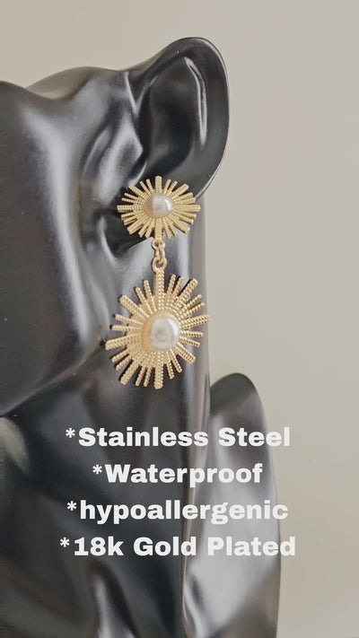 Stainless Steel, Waterproof 18k Gold Plated Sunflower Natural Perl Long Drop Earrings.