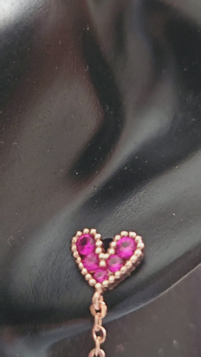 Exquisite 925 Sterling Silver Dazzling Zircon Pink Heart Long Tassel with Bar Pendant Rose Gold Earring.