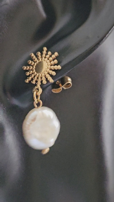 Stainless Steel Natural Freshwater Perl Dangle Sun Celestial Earrings.