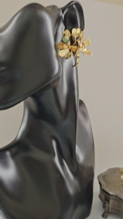Stainless Steel, Waterproof 18k PVD Gold Plated Three-Dimensional Hollow Flower Earrings and Ring Set.